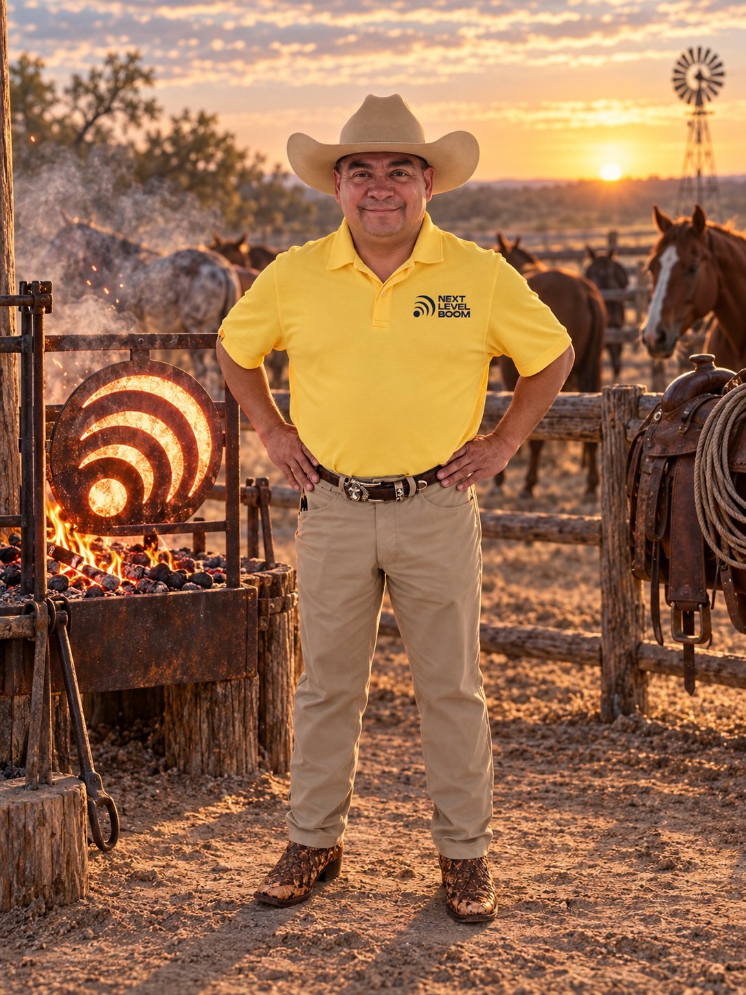 Pedro Loredo in a Next Level Boom polo and cowboy hat, standing in a ranch corral at sunrise beside a forge burning the Next Level Boom mark