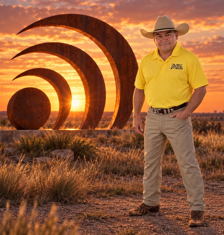 Pedro Loredo in a Next Level Boom shirt and cowboy hat at sunset, beside the Next Level Boom sculpture
