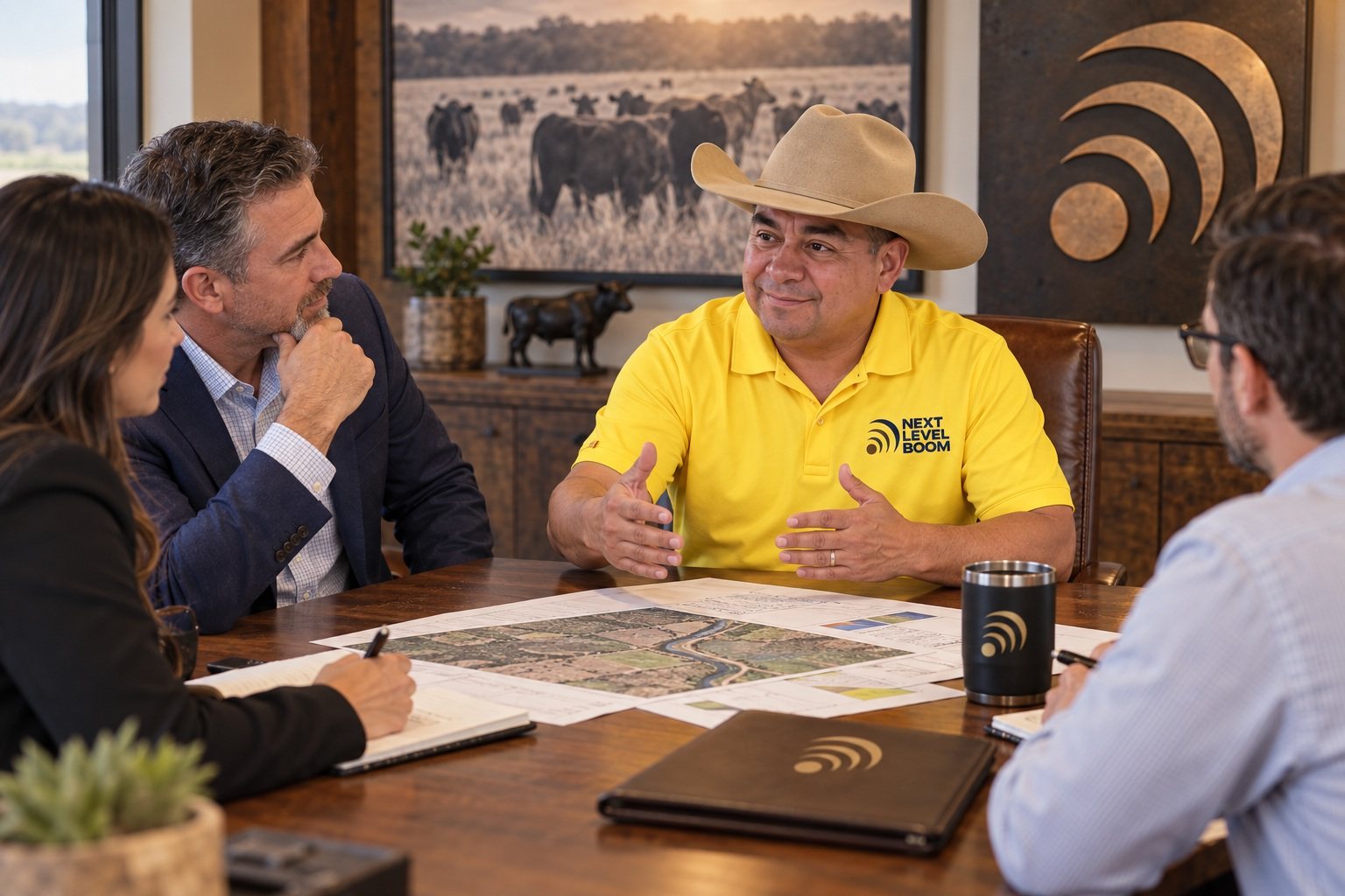 Pedro Loredo seated at a conference table going over site plans and drawings with three people