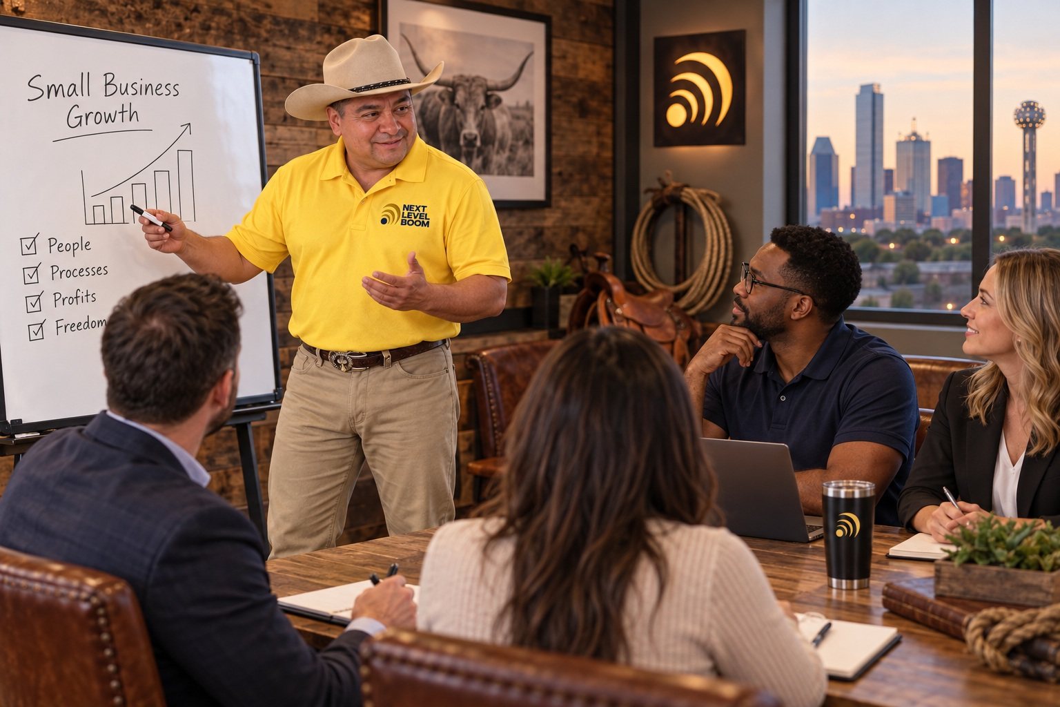 Pedro Loredo at a whiteboard headed Small Business Growth, walking a room through people, processes and profits